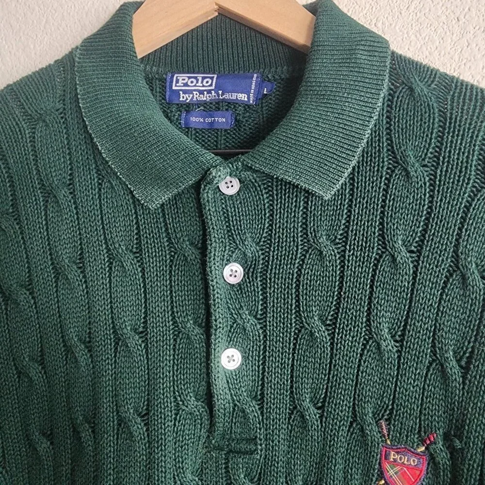 Polo Ralph Lauren Sweater Mens Large Green Cable Knit Golf Crest Shield Cotton